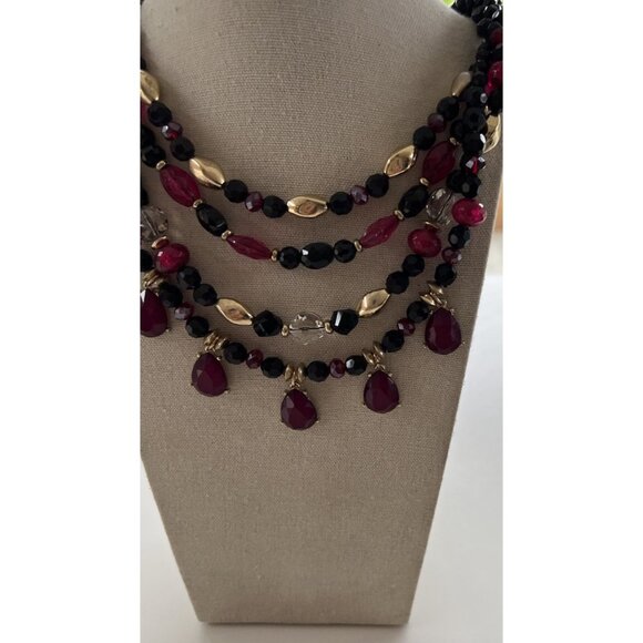 Vintage THE LIMITED 4 Strand Faceted Black Magenta Crystal Women’s Necklace 22” - Picture 3 of 12
